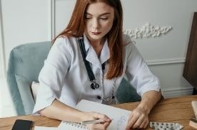 woman studying with stethoscope.