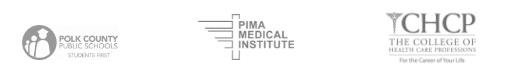 Polk County Schools, PIMA Medical Institute, CHCP College logos.